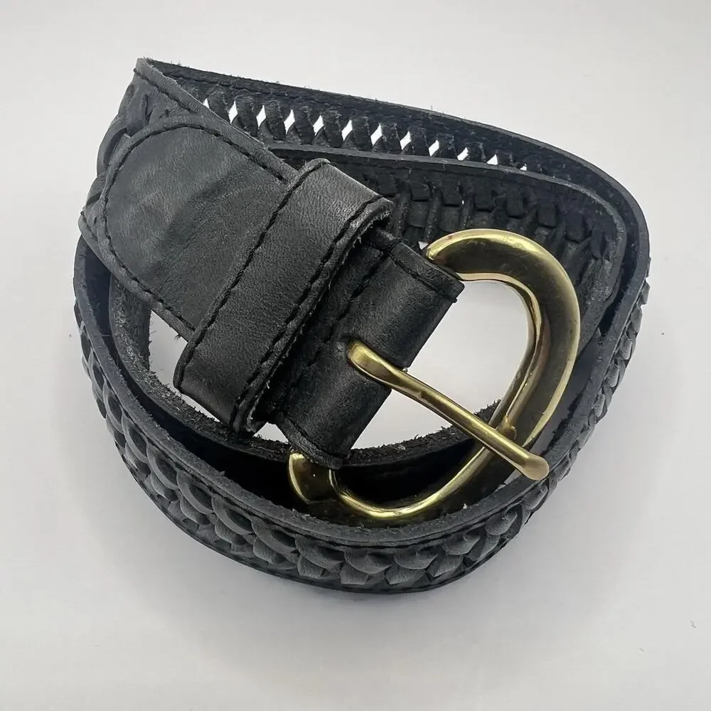 Vintage Brass and Black Leather Woven Belt